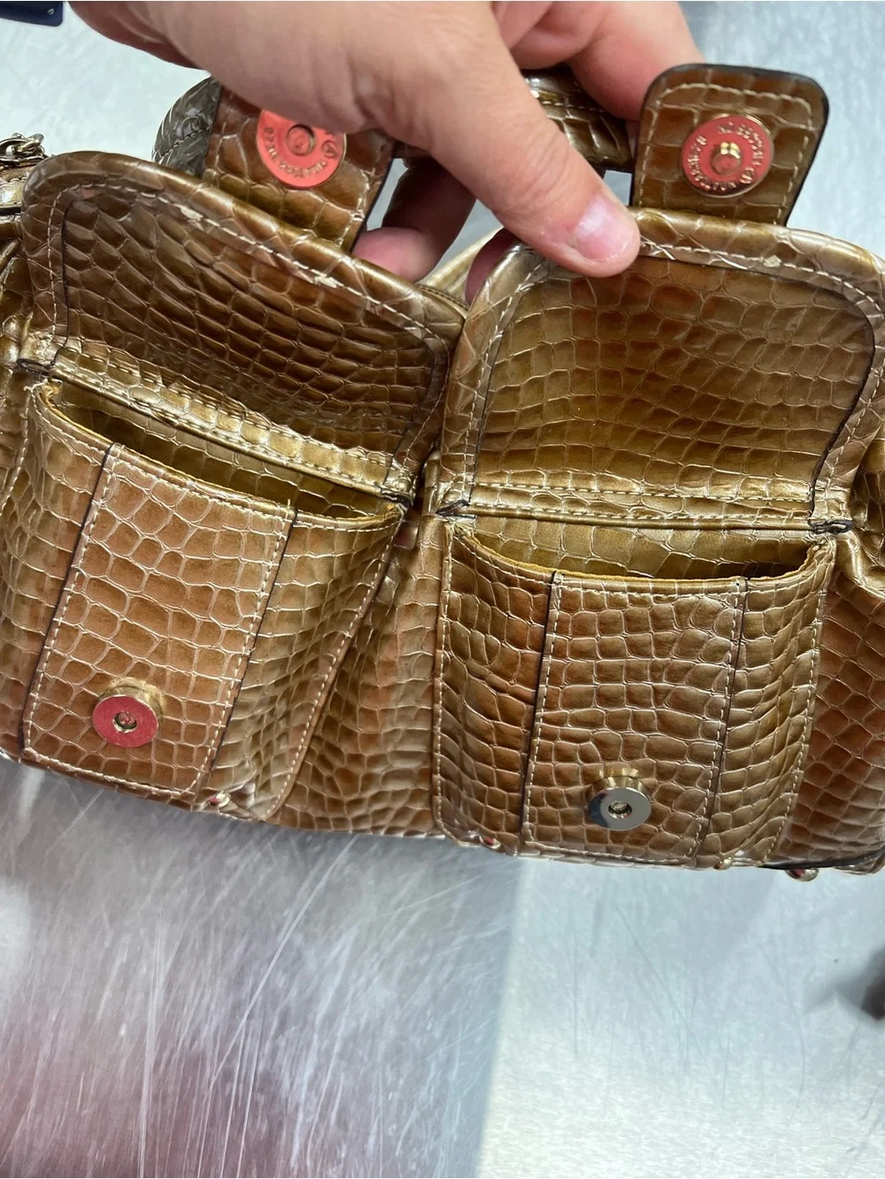 Kathy Van Zeeland Y2K Gold Croc-Embossed Chain Handle Shoulder Bag
